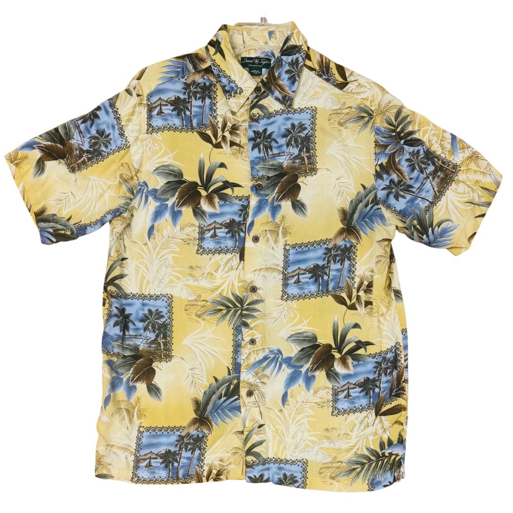 David Taylor Men's Tan Blue Palm Tree Print Tropical Hawaiian Shirt Medium